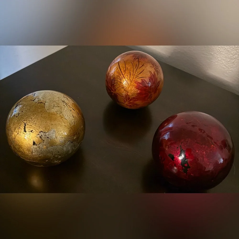 Pier 1 Festive Red Gold Decorative Orbs Set of 3 | 4” Holiday Spheres Home Decor - Picture 1 of 4